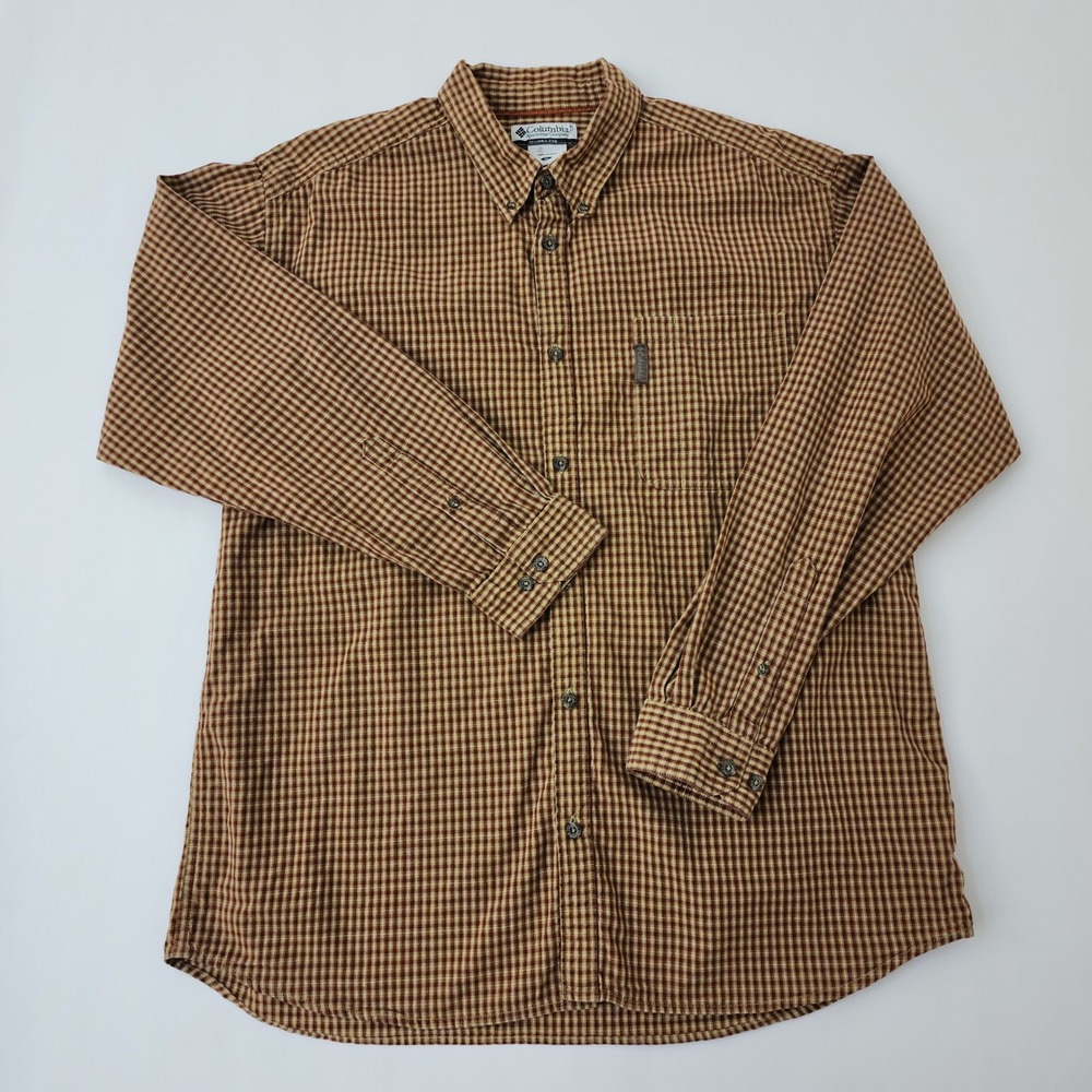 Columbia Mens XL Plaid Button Down Shirt Long Sleeve Brown Gingham Hiking Casual